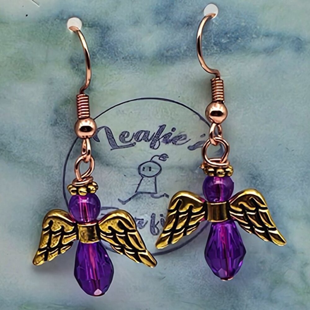 Purple Beaded Golden Angel Dangle Earrings